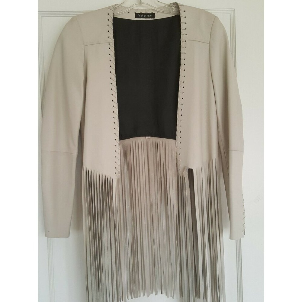 The Perfext NEW W Tags $1495 Women's Open Front Fringed Leather Jacket Size XS